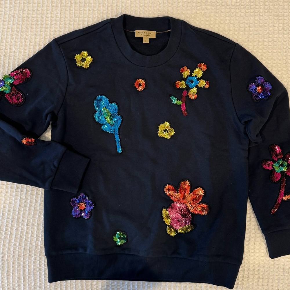 Burberry Navy Top with Colorful Floral Sequins